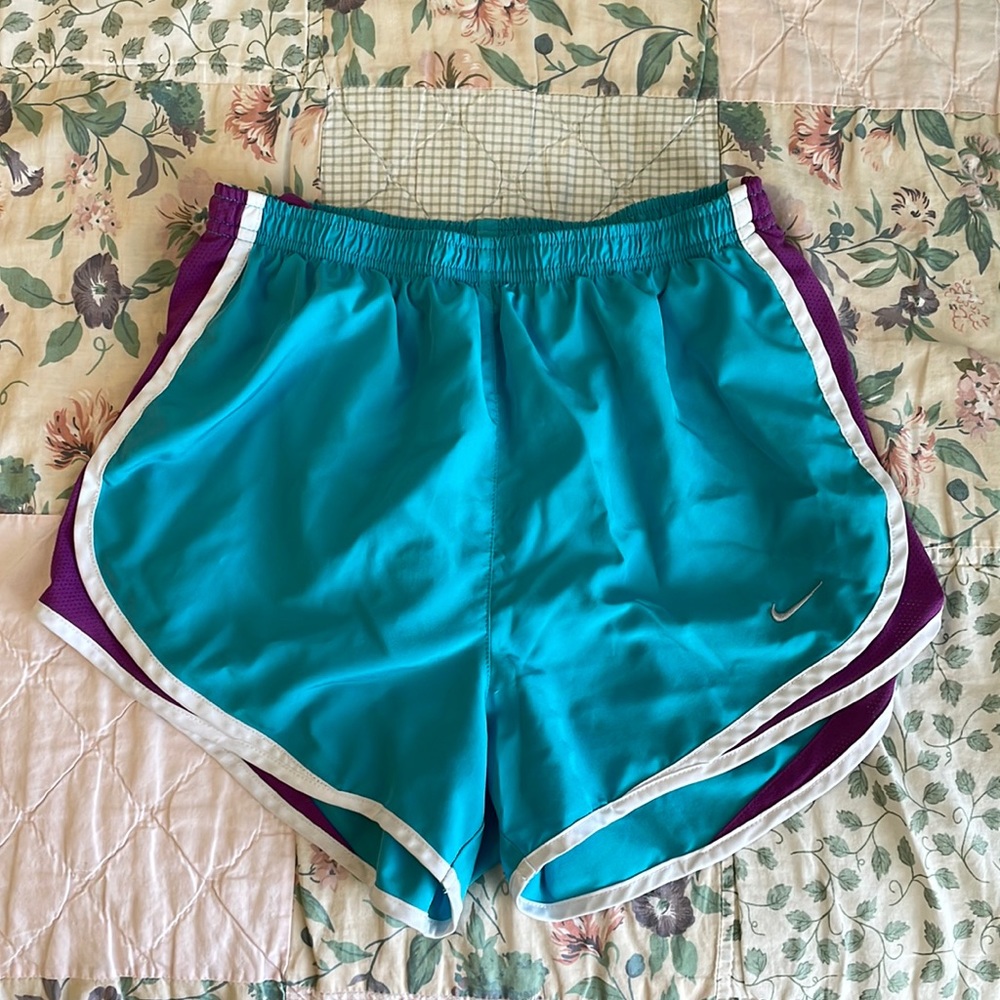 Nike Blue Dri-Fit Running Shorts with Purple and White Detailing - Size Small
